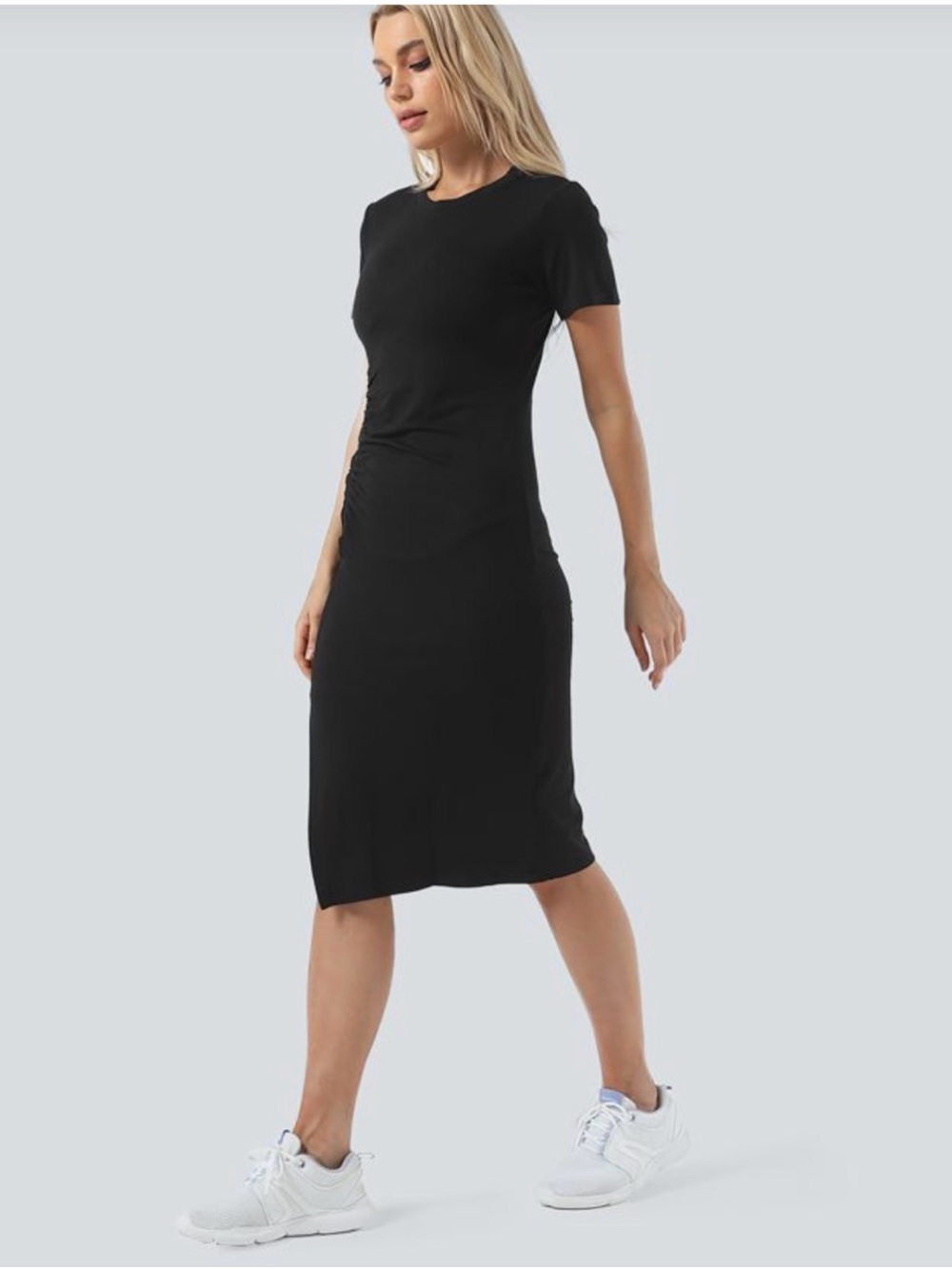 NWT Halara Black Everyday Ruched Split Hem Midi Chill Dress stretch small